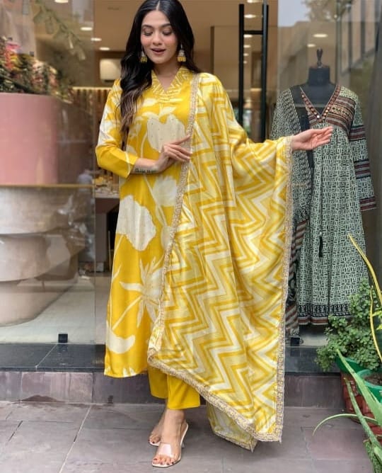 Hand Embroidery Muslin Silk - Yellow Kurti with pant