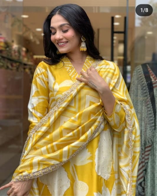 Hand Embroidery Muslin Silk - Yellow Kurti with pant