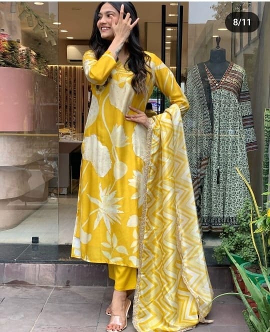 Hand Embroidery Muslin Silk - Yellow Kurti with pant