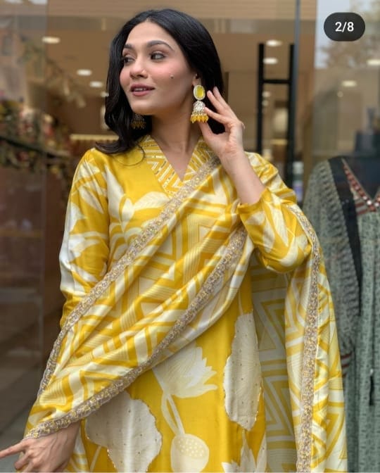 Hand Embroidery Muslin Silk - Yellow Kurti with pant
