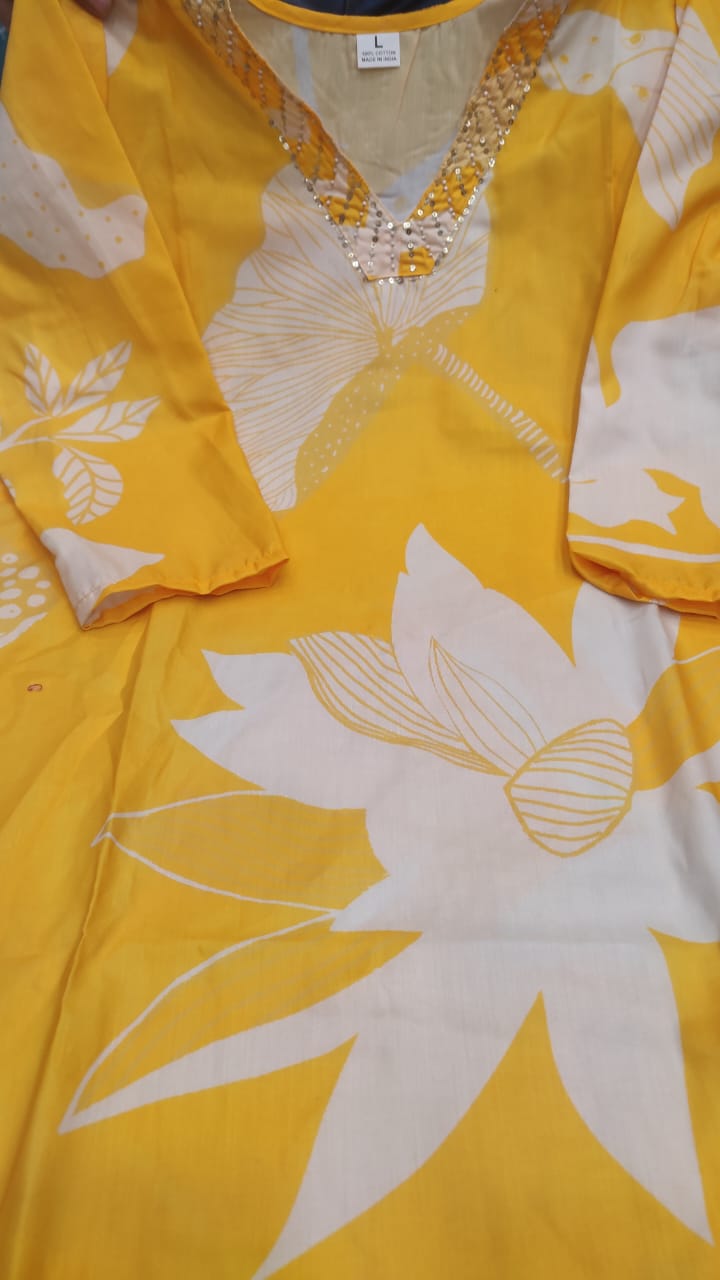 Hand Embroidery Muslin Silk - Yellow Kurti with pant