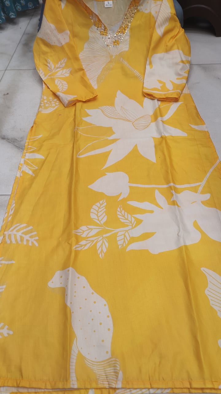 Hand Embroidery Muslin Silk - Yellow Kurti with pant