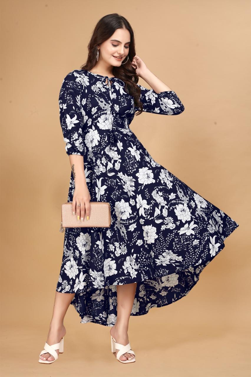 Purple Long Crepe Knee Sleeves Dress