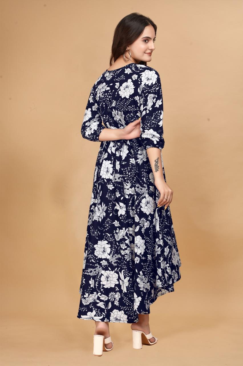 Purple Long Crepe Knee Sleeves Dress