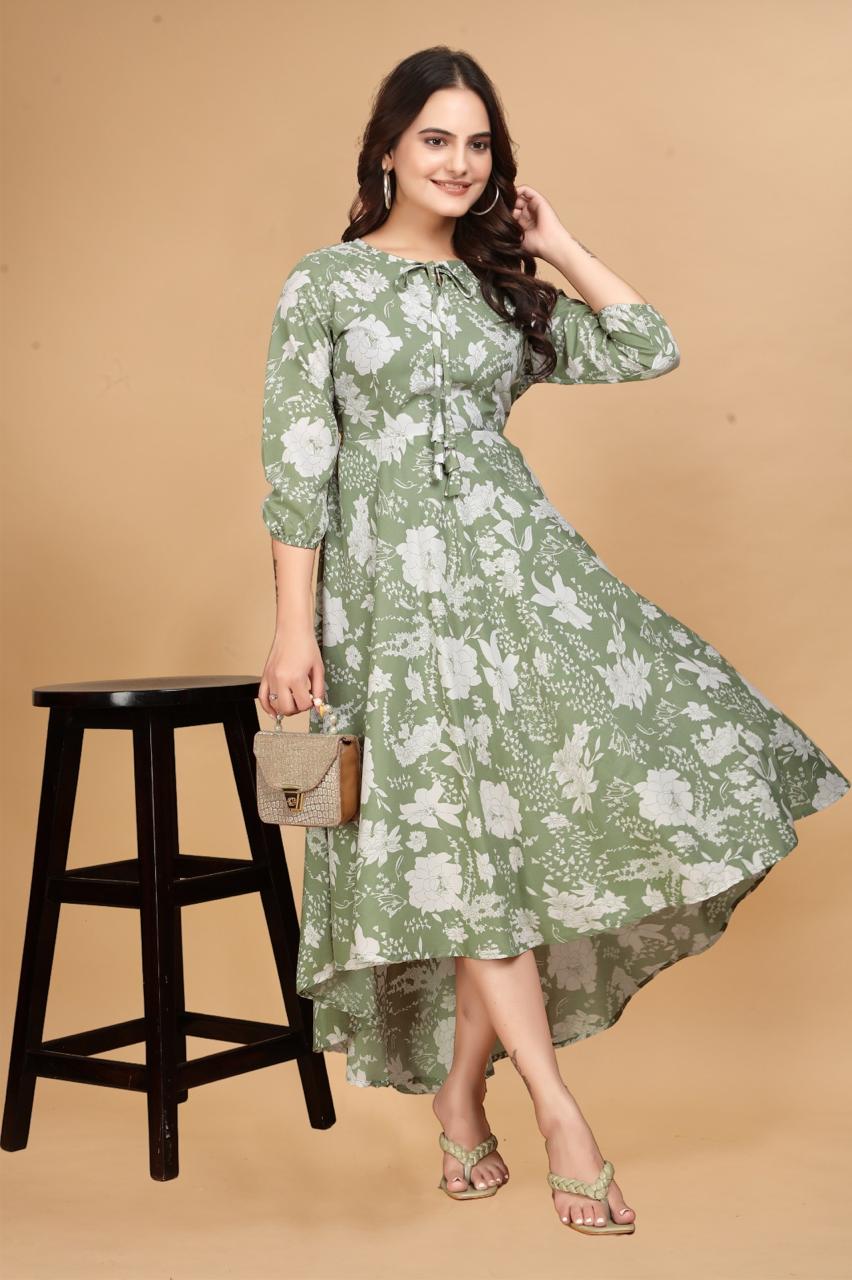 Purple Long Crepe Knee Sleeves Dress