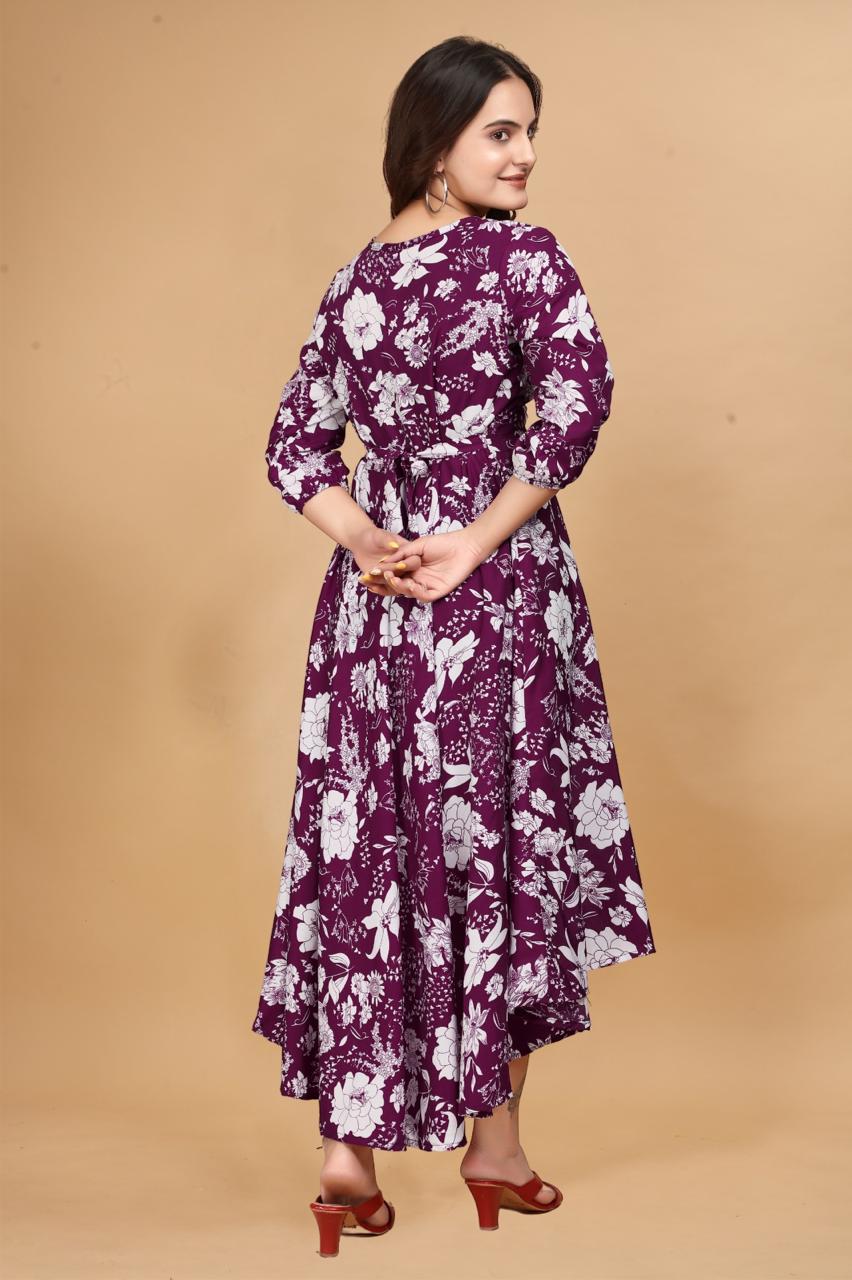 Purple Long Crepe Knee Sleeves Dress