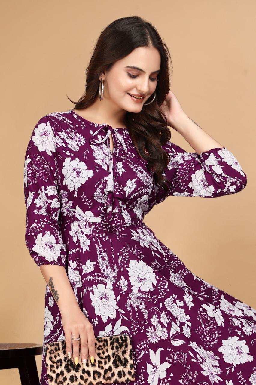 Purple Long Crepe Knee Sleeves Dress