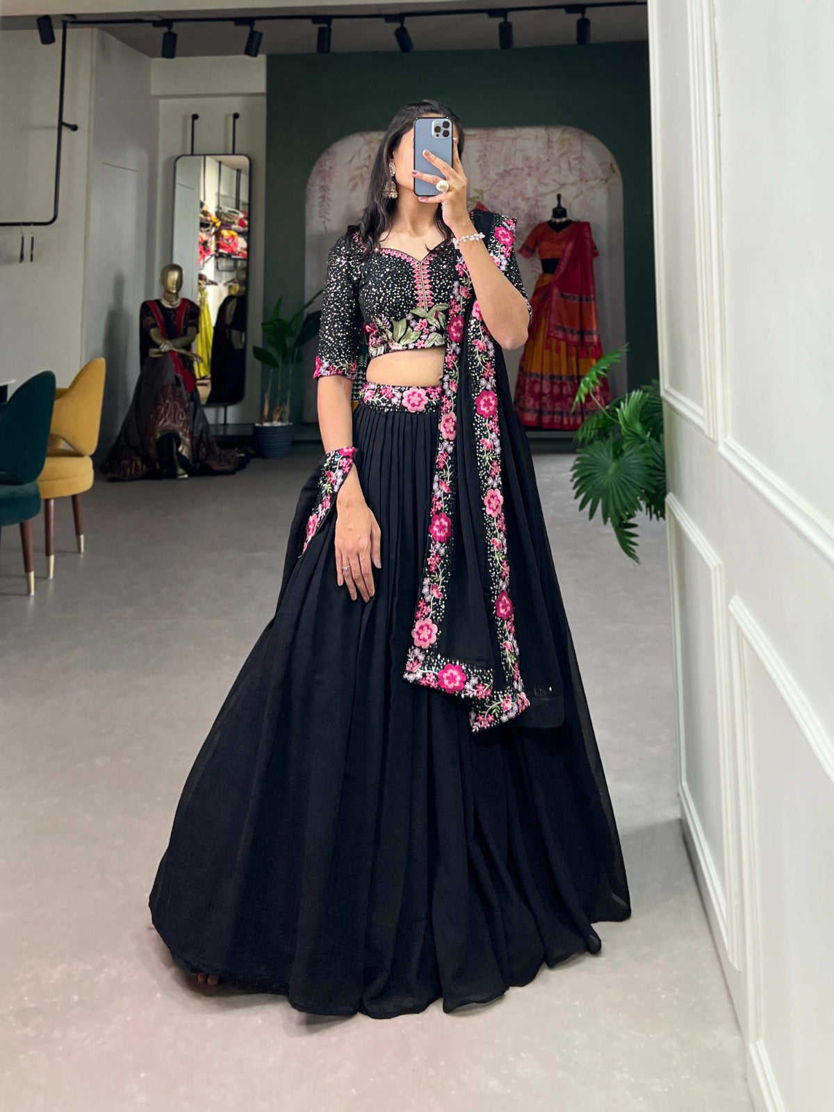 Black Lehenga Choli Georgette Silk Suit 3 Piece Set