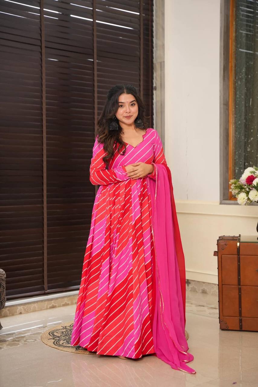 Beauty Red Leheriya Muslin Three piece Anarkali Suit Set