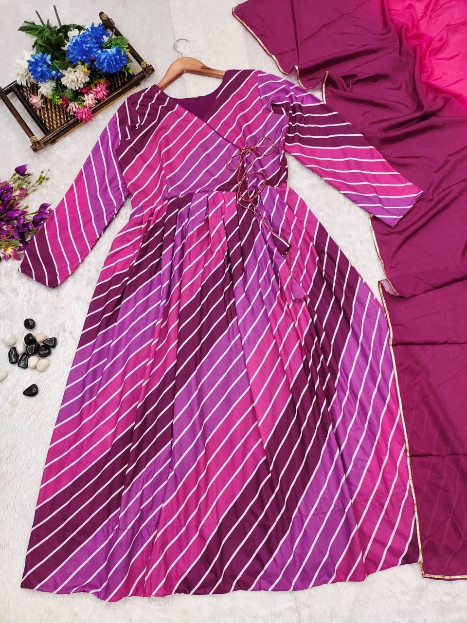 Beauty Wine Leheriya Muslin Three piece Anarkali Suit Set