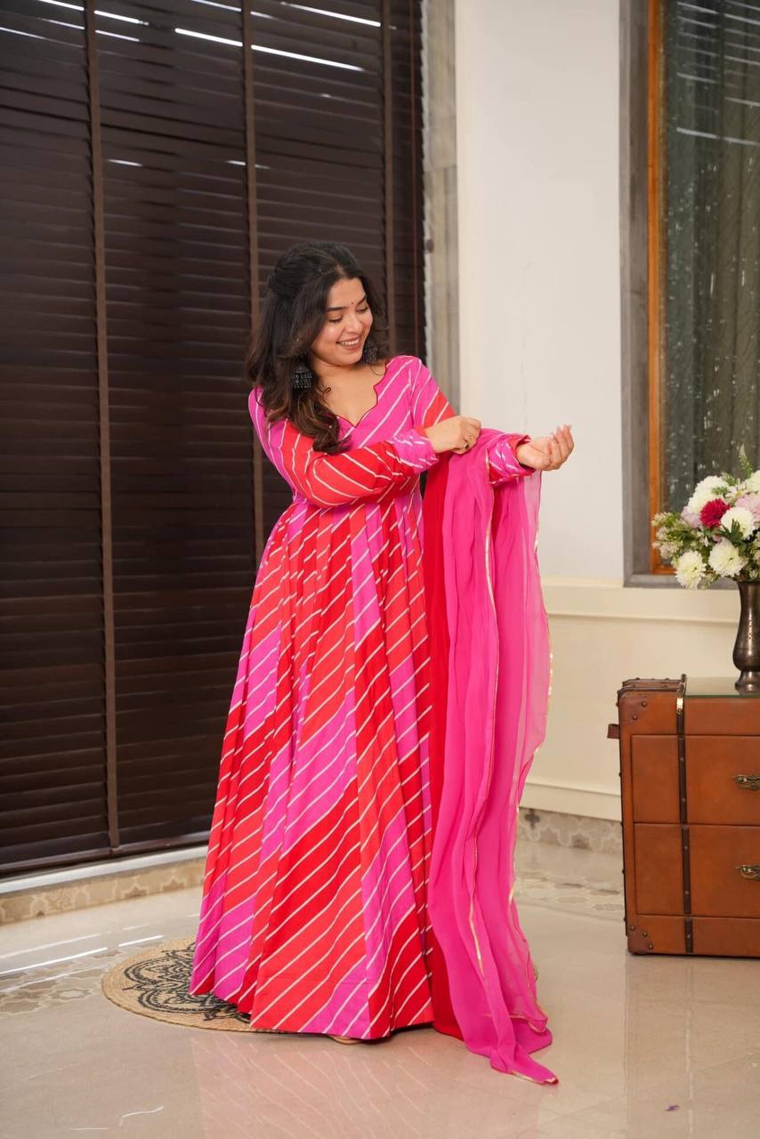 Beauty Red Leheriya Muslin Three piece Anarkali Suit Set