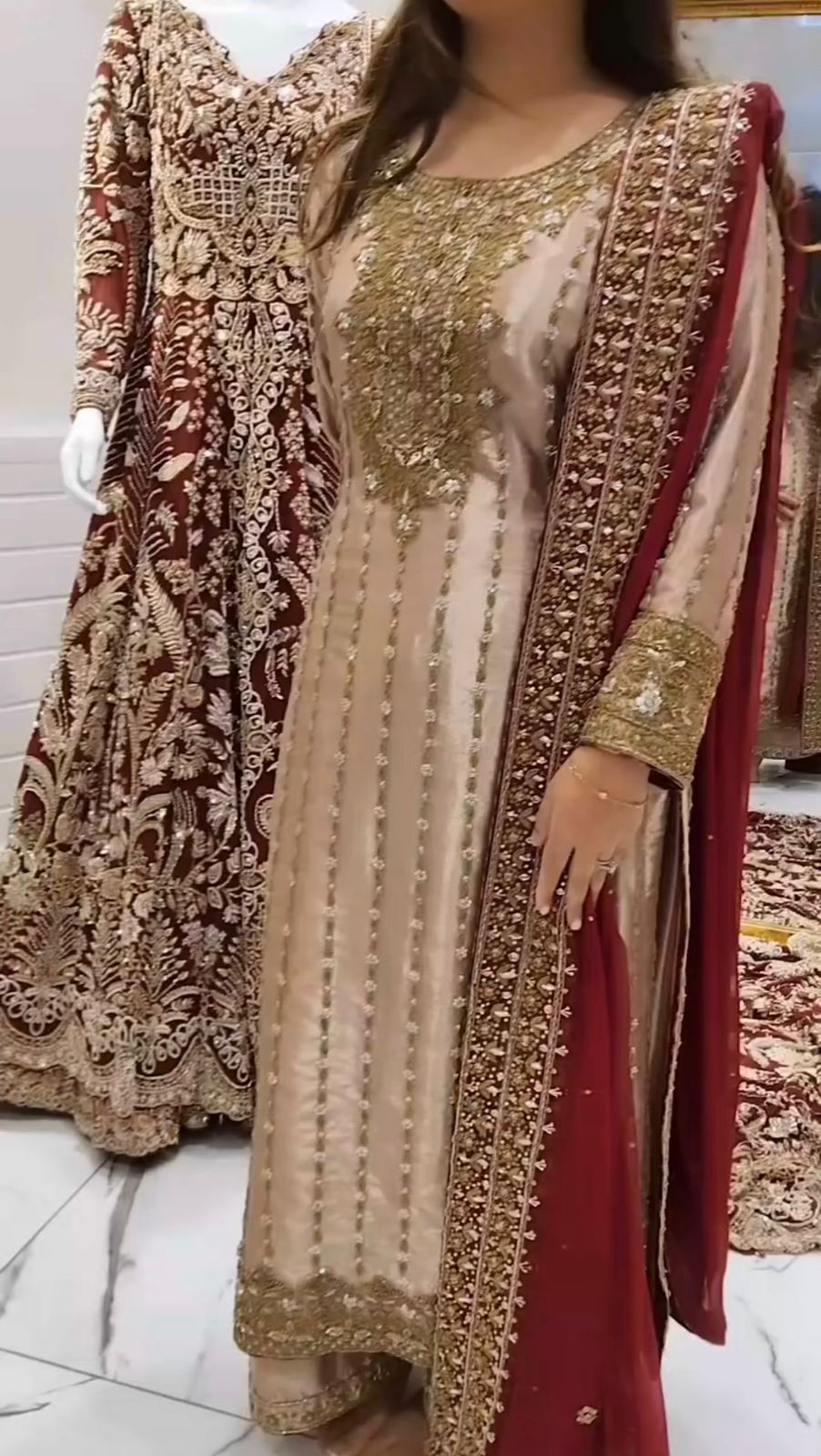 New Beige Heavy Devsena Silk with Embroidery 3 Piece Plazo Suit Set