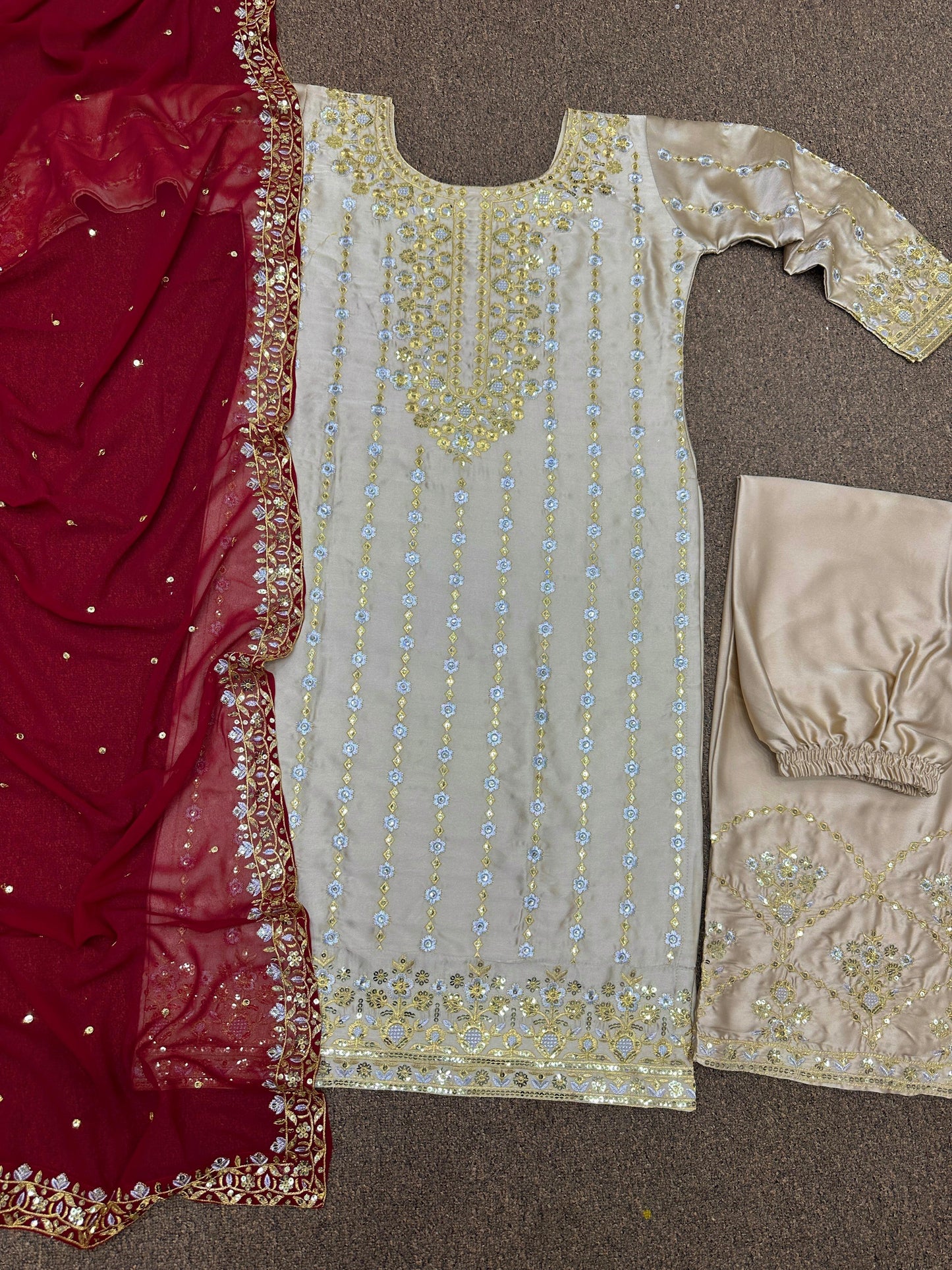 New Beige Heavy Devsena Silk with Embroidery 3 Piece Plazo Suit Set