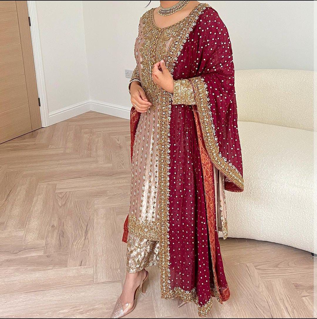 New Beige Heavy Devsena Silk with Embroidery 3 Piece Plazo Suit Set