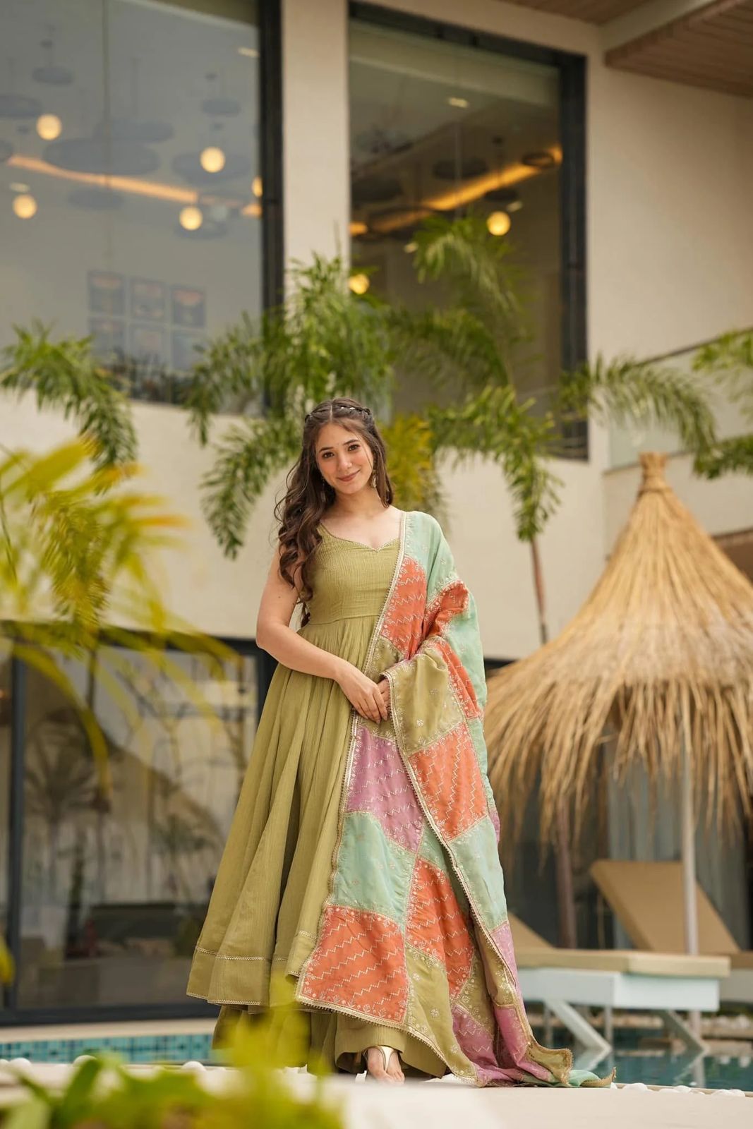 Lovely Green Chinon Silk Three Piece Anarkali Suit Sets