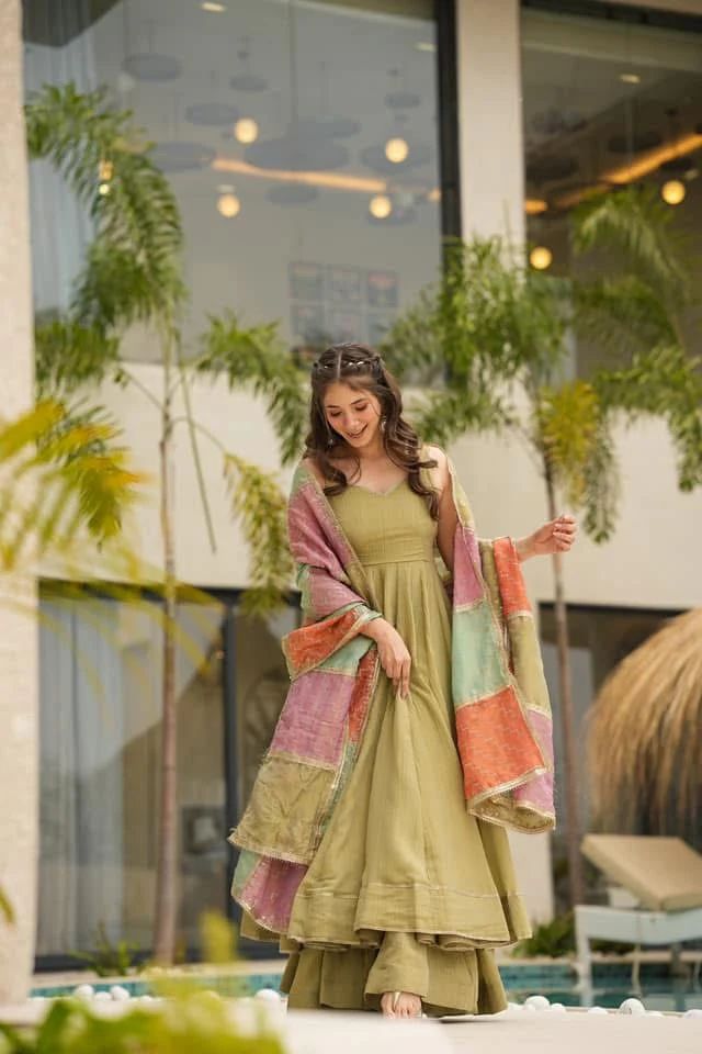 Lovely Green Chinon Silk Three Piece Anarkali Suit Sets