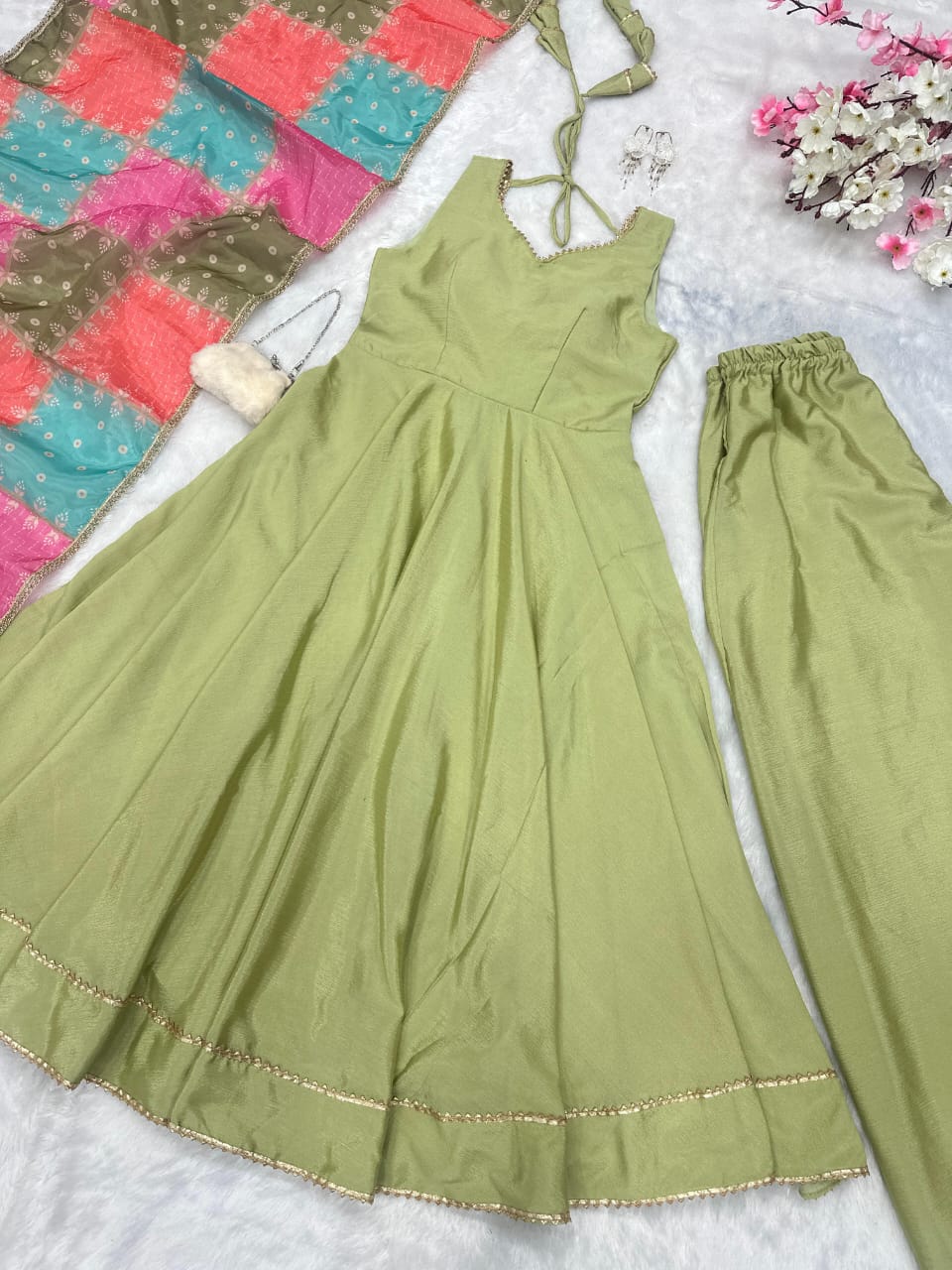 Lovely Green Chinon Silk Three Piece Anarkali Suit Sets