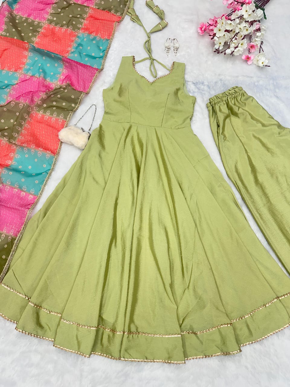Lovely Green Chinon Silk Three Piece Anarkali Suit Sets