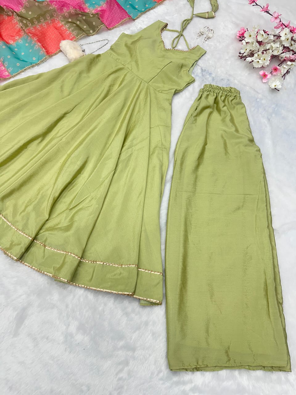 Lovely Green Chinon Silk Three Piece Anarkali Suit Sets