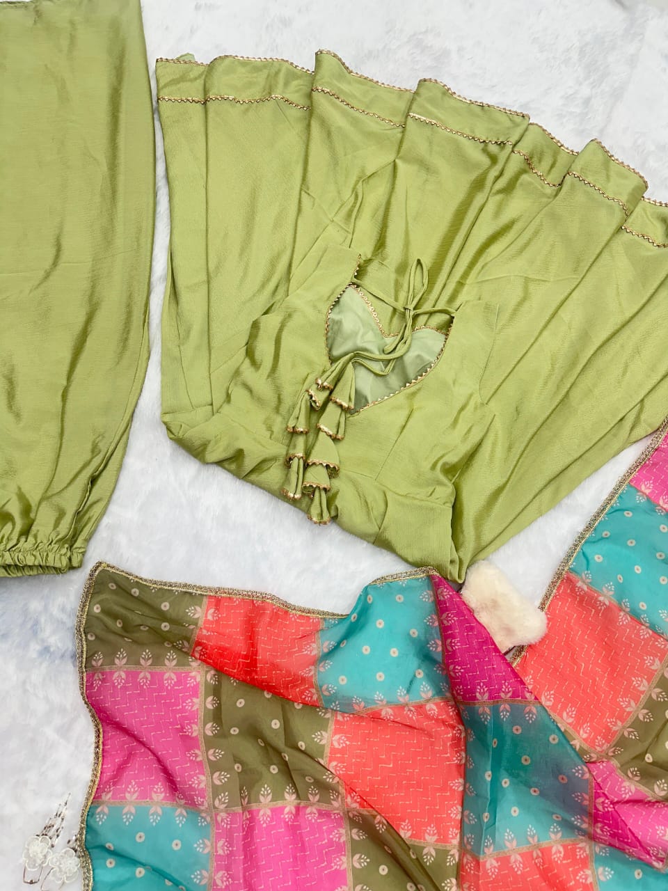 Lovely Green Chinon Silk Three Piece Anarkali Suit Sets