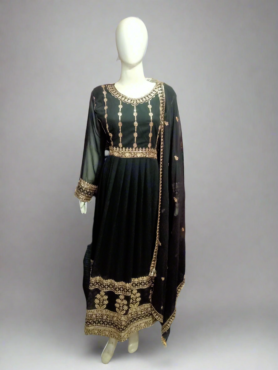 Classic Black Faux Georgette Anarkali Suit - 3 Piece, Embroidered Work, Gown