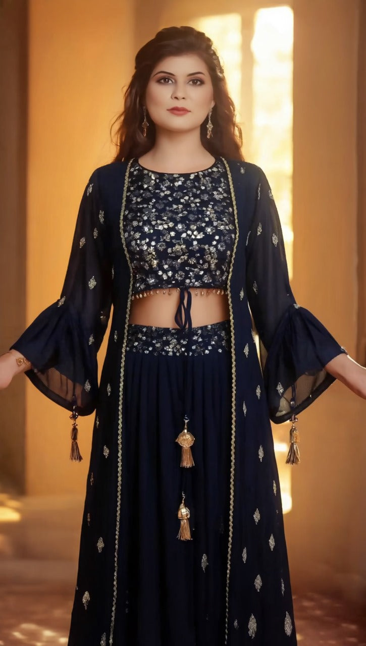 Navy Blue Georgette Embroidered Crop Top with Long Shrug and Palazzo Set