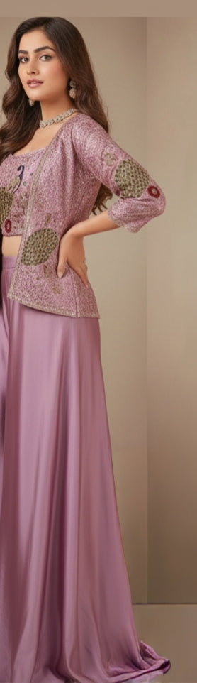 Lavender Peacock Embroidered Jacket & Crop Top With Satin Palazzo | Women’s Ethnic Indo-Western Suit Set