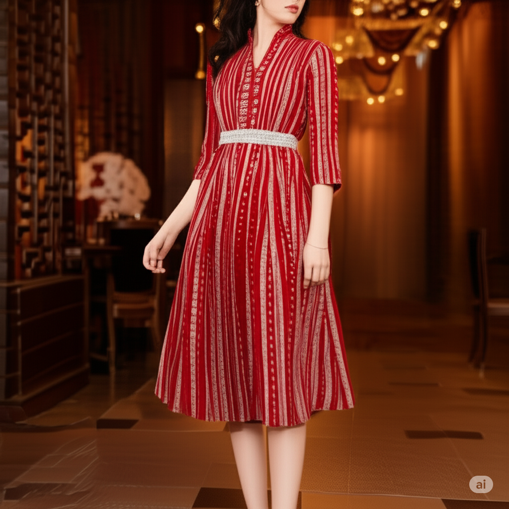 The Xoxo Women's Traditional Cotton A-Line Dress, with Belted Embroidery, V-Neck, Three Quarter Sleeve, Ankle Length