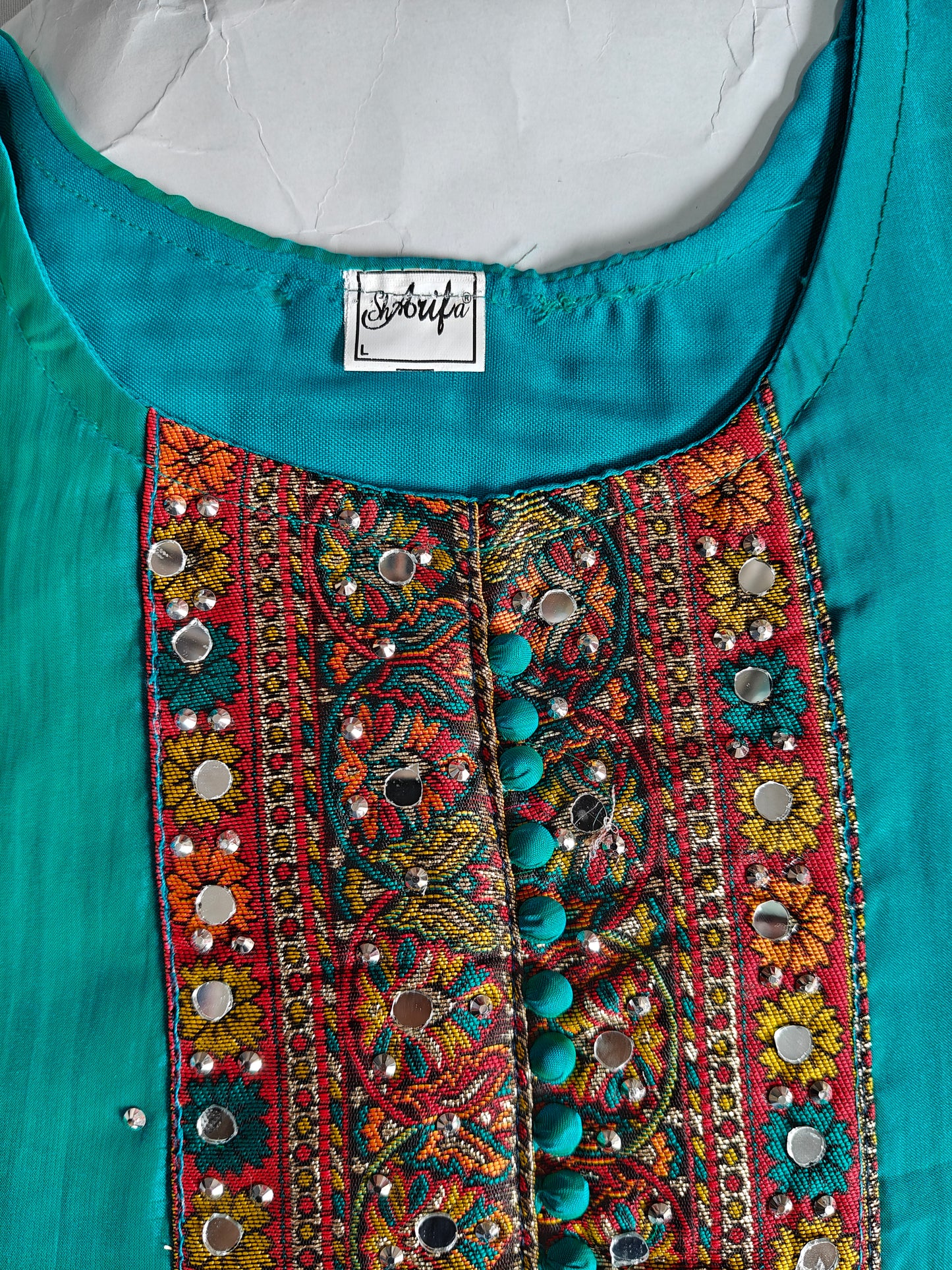 Traditional Turquoise Flared Dress with Embroidered Vest - Ethnic Print Border, Long Length