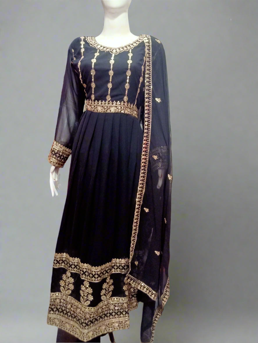 Classic Black Faux Georgette Anarkali Suit - 3 Piece, Embroidered Work, Gown