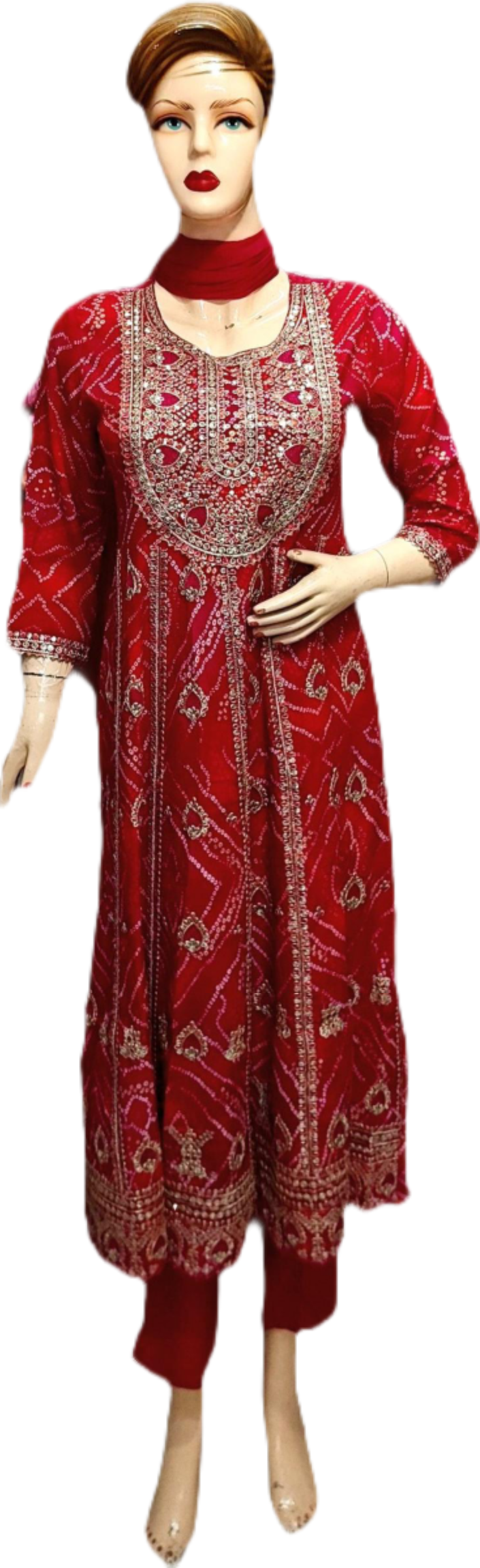 Wonderful Red Chunri Bandhej Print Embroidered Salwar Kameez Set - Fully Embroidered, Stitched Suit, Kurta, Pant & Dupatta Set