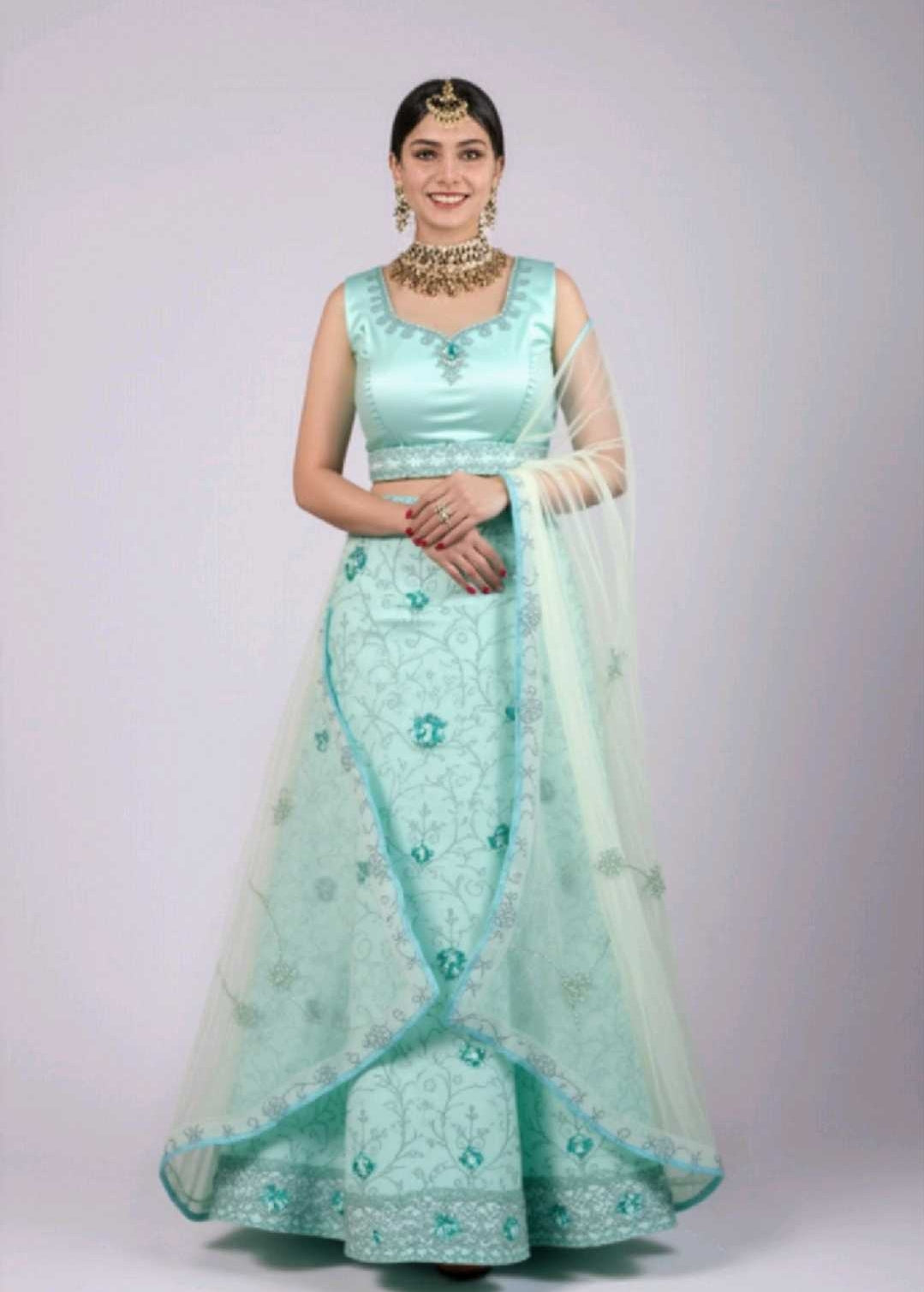 Pastel Blue Lehenga Choli set (Pista Green, XL)