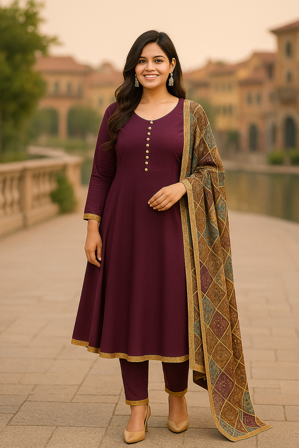 Women's Solid Rayon Long Anarkali Dress - Printed Dupatta, Button Details, Hem Details, Full Sleeves, Ankel Length, (Maroon,XL)