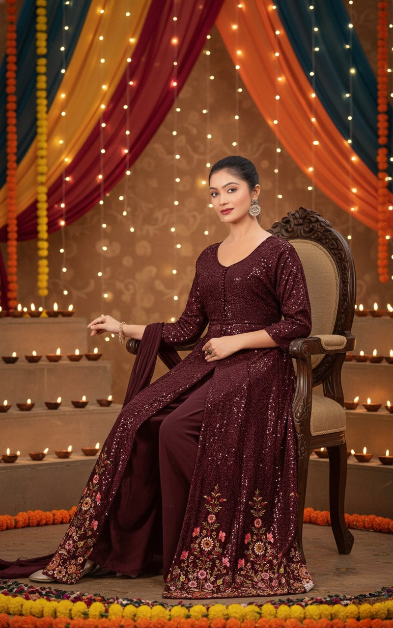 Designer Maroon Sequin Embroidered Anarkali Suit Set for Women – Partywear Ethnic Dress with Dupatta