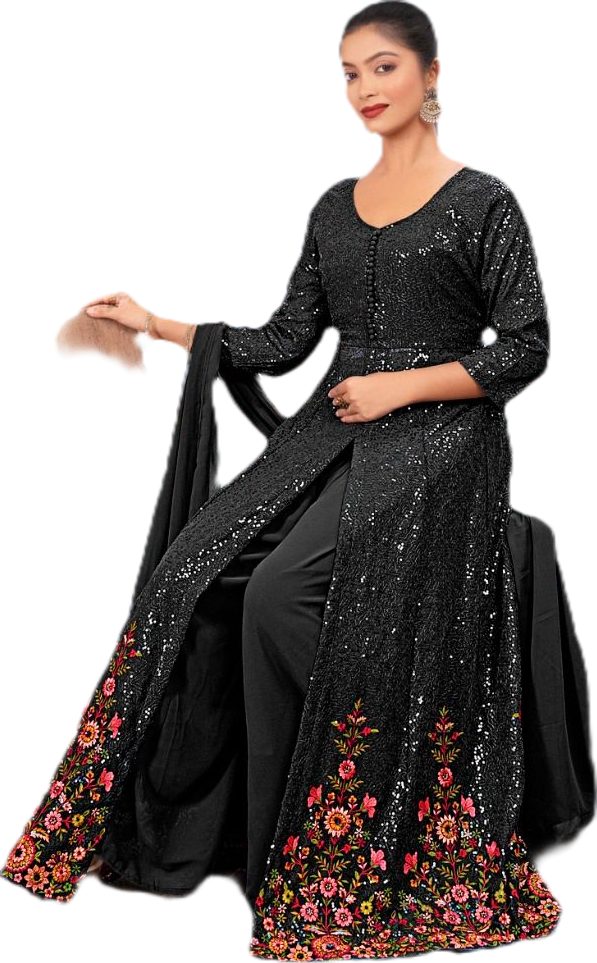 Black Fancy Elegant Heavy Sequence Work Suit Set