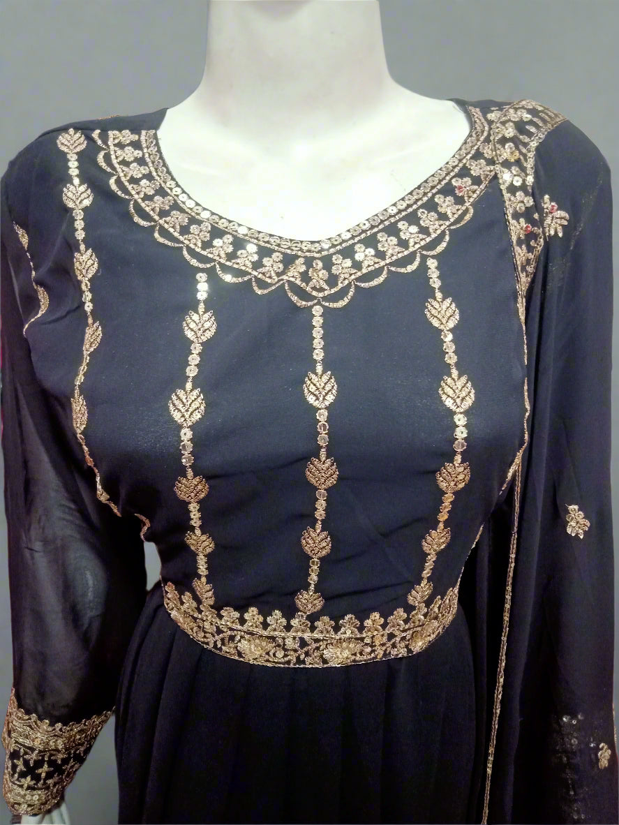 Classic Black Faux Georgette Anarkali Suit - 3 Piece, Embroidered Work, Gown