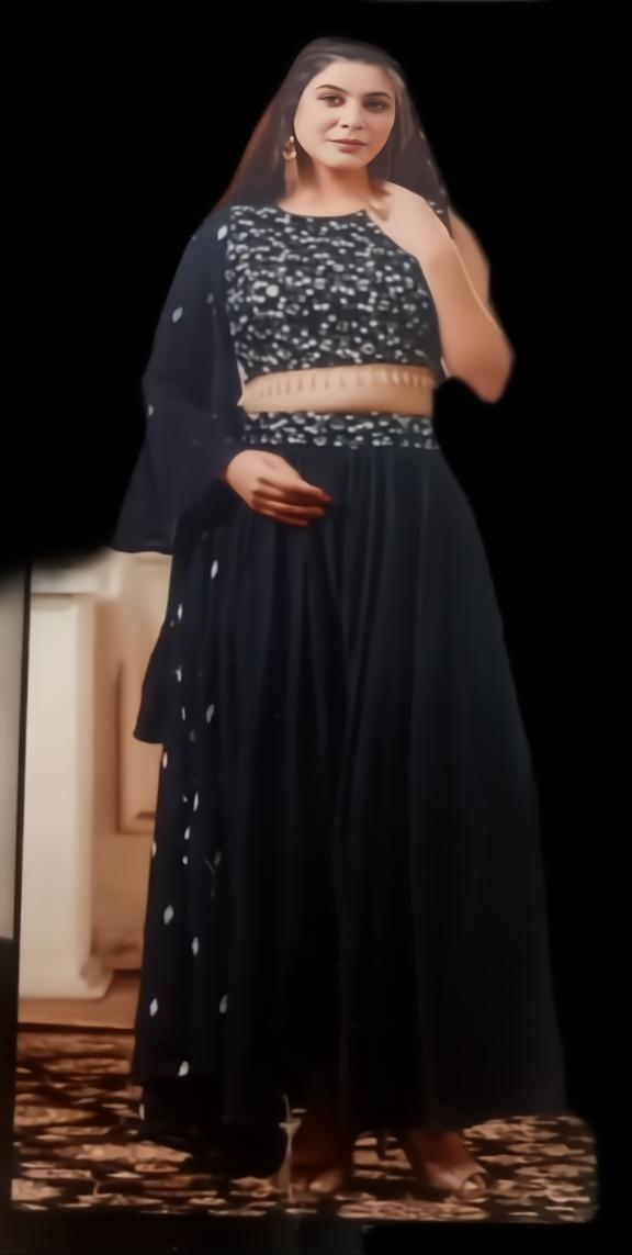 Navy Blue Georgette Embroidered Crop Top with Long Shrug and Palazzo Set