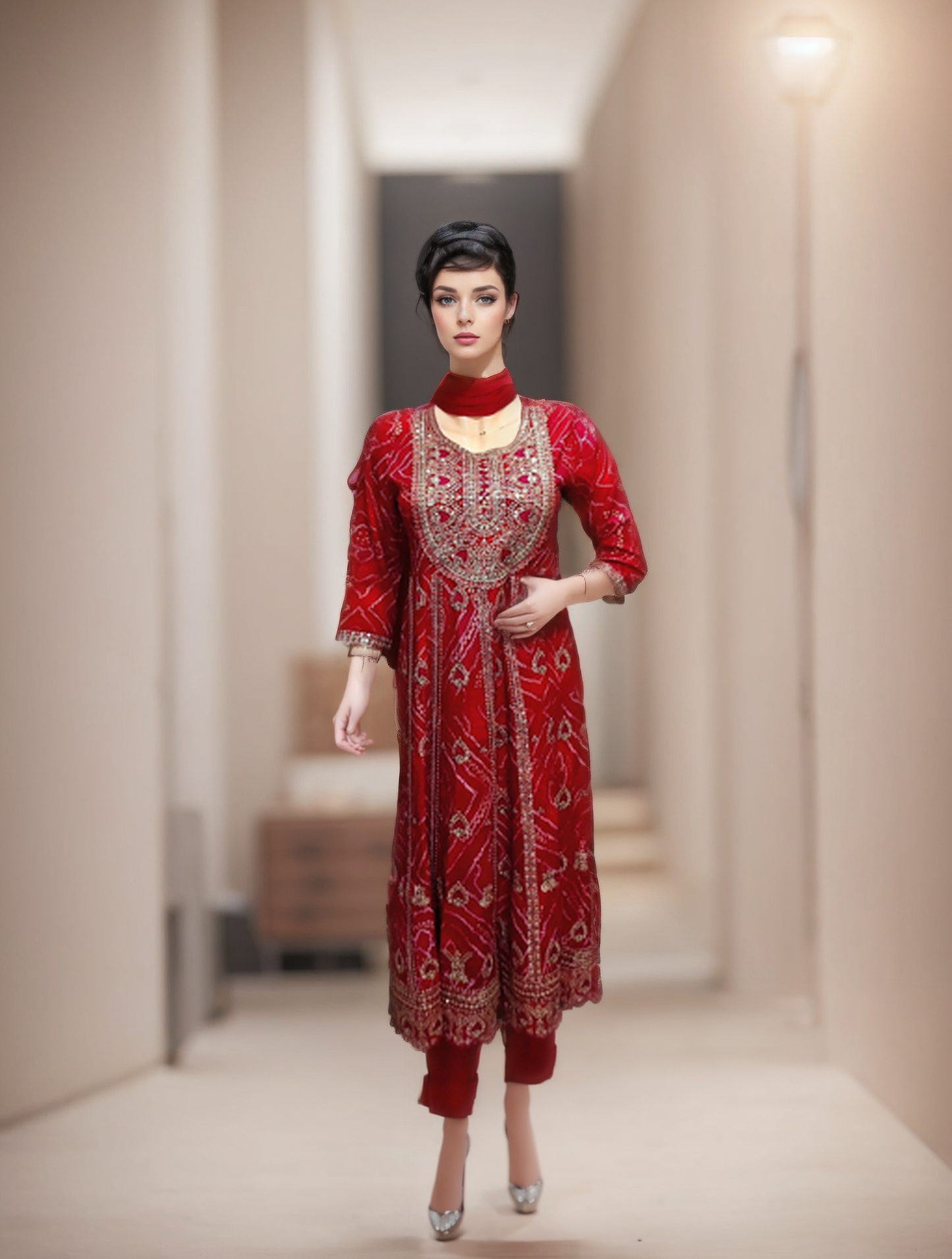 Wonderful Red Chunri Bandhej Print Embroidered Salwar Kameez Set - Fully Embroidered, Stitched Suit, Kurta, Pant & Dupatta Set