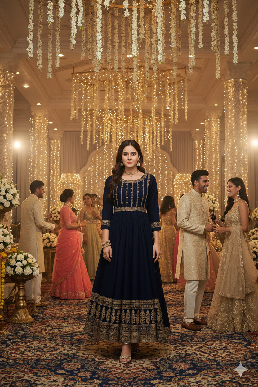 Classic Black Faux Georgette Anarkali Suit - 3 Piece, Embroidered Work, Gown
