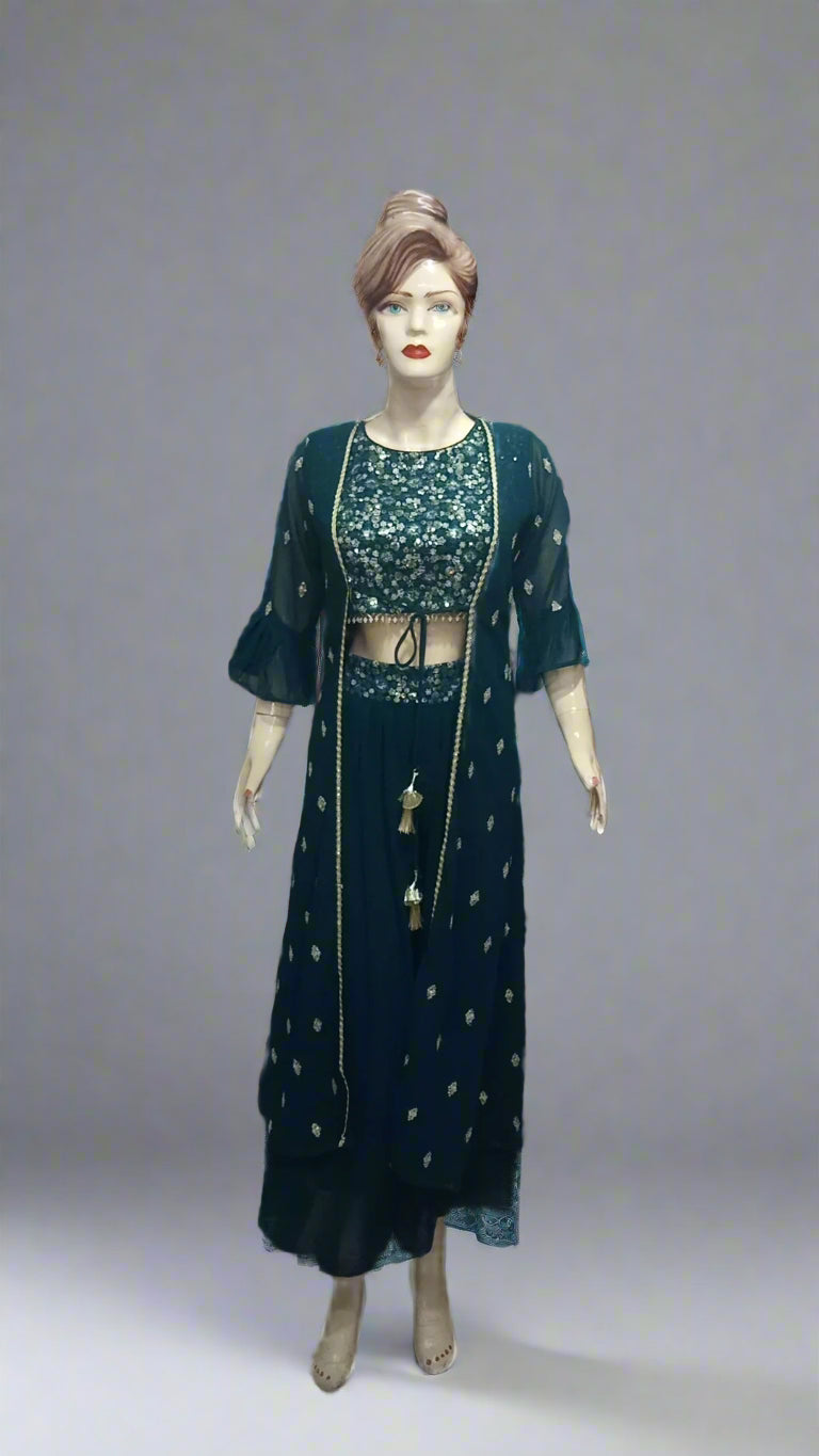 Navy Blue Georgette Embroidered Crop Top with Long Shrug and Palazzo Set
