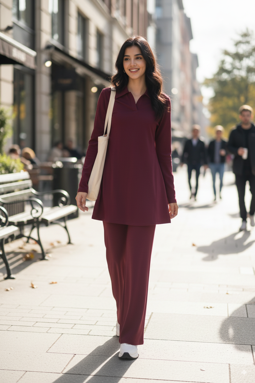 Women Maroon Co-od Set - Stylish Long Sleeves Top, Straight Pant, Elegant Western & Ethnic Wear