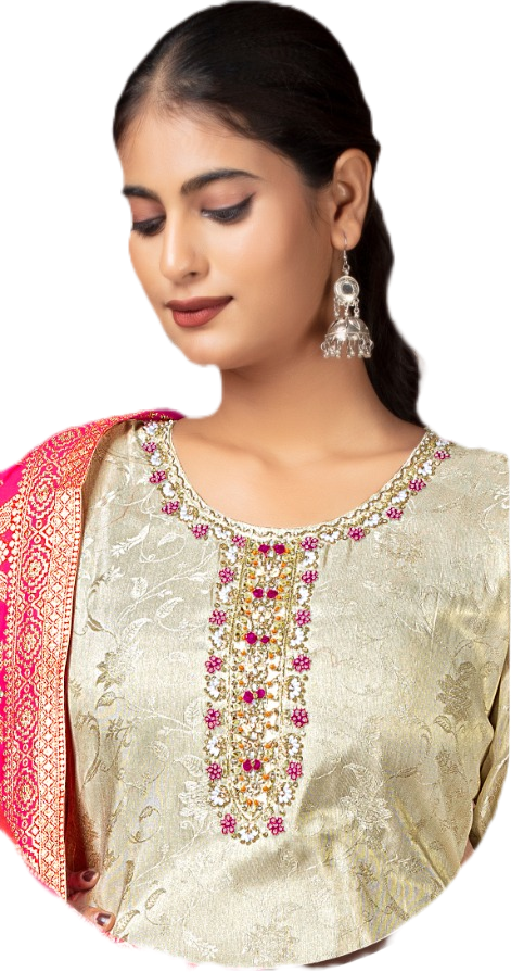Cream Gold Chanderi Jacquard Suit Set with Hot Pink Embroidered Dupatta | Women’s Festive & Party Wear Ethnic Set