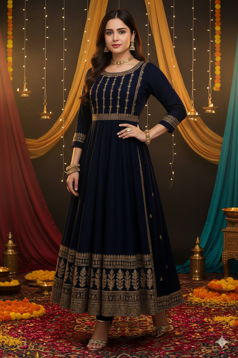 Classic Black Faux Georgette Anarkali Suit - 3 Piece, Embroidered Work, Gown
