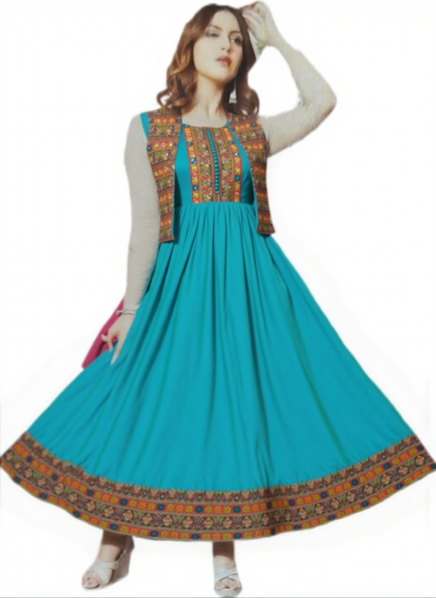 Traditional Turquoise Flared Dress with Embroidered Vest - Ethnic Print Border, Long Length