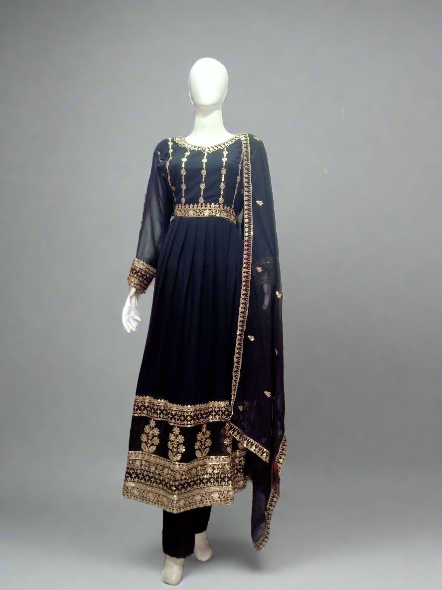 Classic Black Faux Georgette Anarkali Suit - 3 Piece, Embroidered Work, Gown