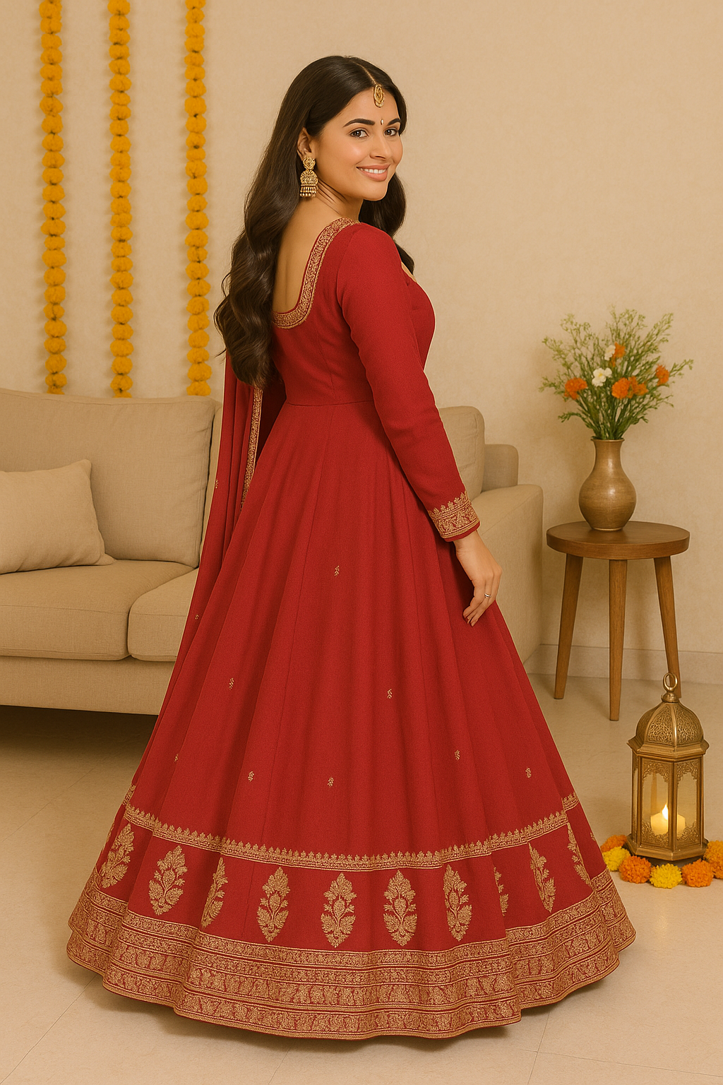 Red & Gold Embroidered INDIAN Anarkali Suit Set