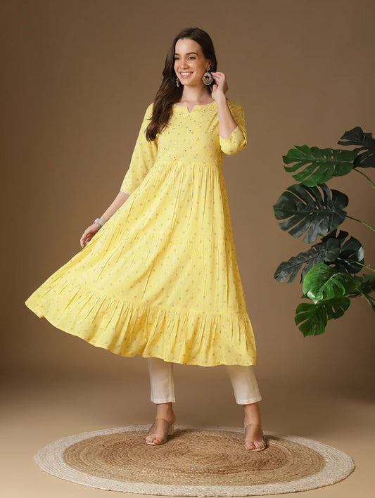 Rayon Yellow Embroidered Anarkali Dress