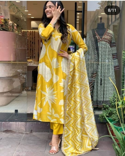 Hand Embroidery Muslin Silk - Yellow Kurti with pant
