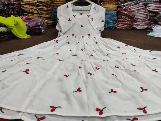 White Thread Work Cotton Midi  Dress