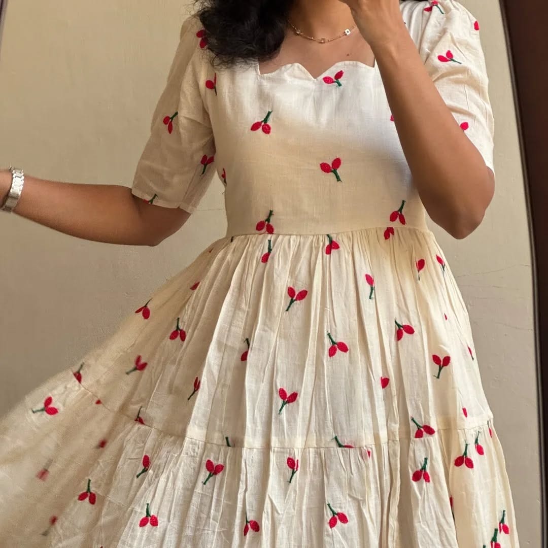 White Thread Work Cotton Midi  Dress